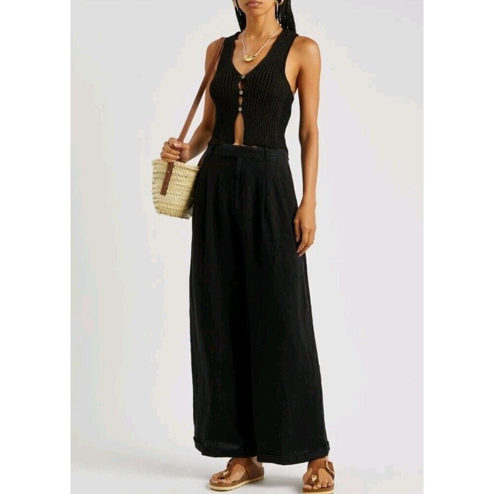 Free People Women's Lyla Linen Trouser Pants Black 0 Wide Leg Pleat High Rise
